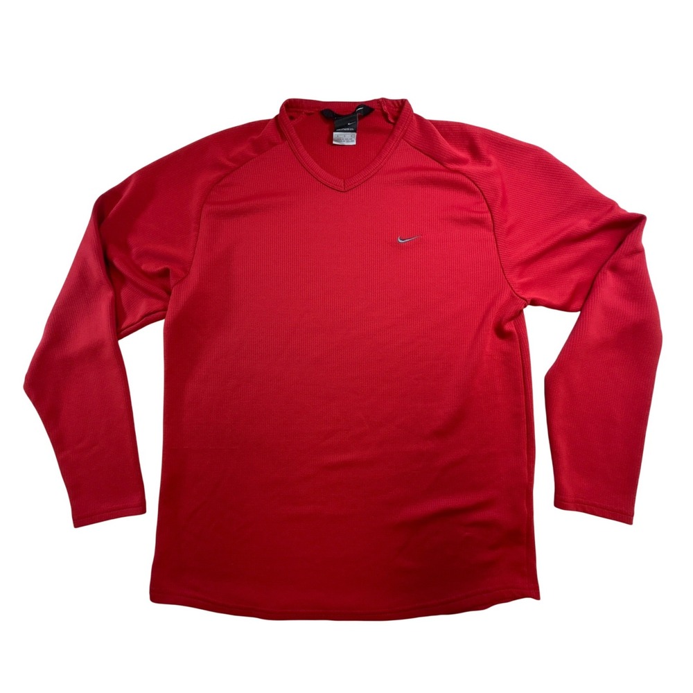 Nike Sphere Dry Mens Medium Red Long Sleeve V-Neck Waffle Knit Training Shirt